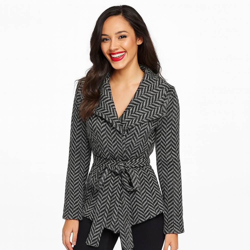Boiled Wool Herringbone Belted Cardigan Sweater Grey Black Small